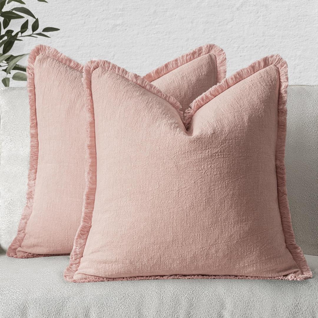 MIULEE Decorative Throw Pillow Covers Neutral Linen Fringe Throw Pillows Set of 2 Pink Boho Farmhouse Cushion Covers with Tassels for Couch Sofa Bed Living Room Spring Home Decor 20x20 Inch (20" x 20" (Pack of 2))