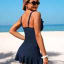 ZAFUL Women Tankini Swimsuits Ruffles Bathing Suit Swim Tank Top with Skirt | V-Neck Full Coverage 2 Piece Tankini Set (Blue, S)