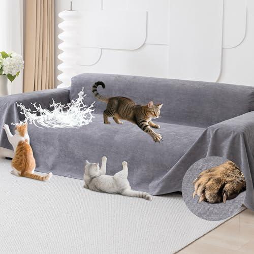 Loiion Cat Scratch Furniture Protector - Anti-Slip, Waterproof Sofa Cover to Keep Cats Off, Pet-Friendly Couch Protectors for 3 Cushion Couch, Gray Anti-Scratch Couch Cover for Pets and Kids 134"X71"