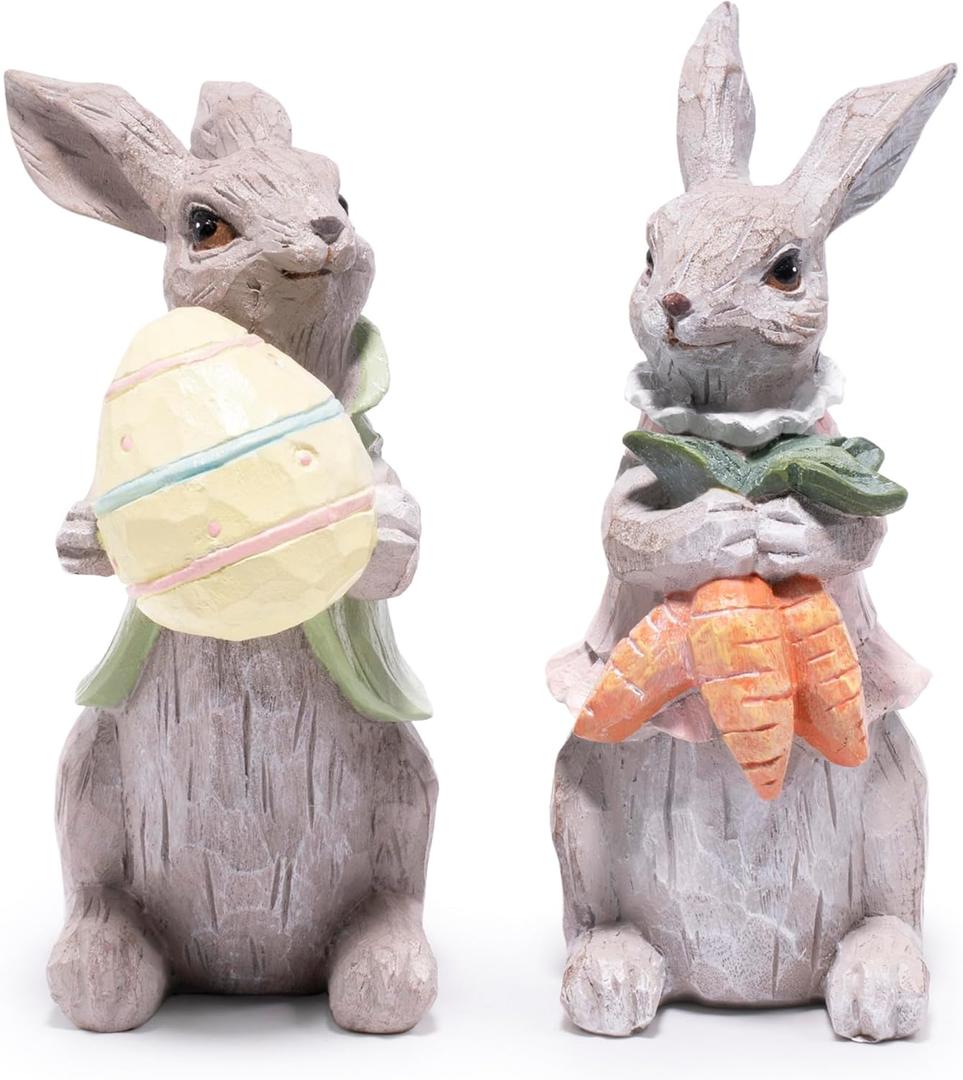Hodao Easter Bunny Decorations Spring Home Decor Bunny Figurines Gifts (Easter Gray Rabbit 2pcs)