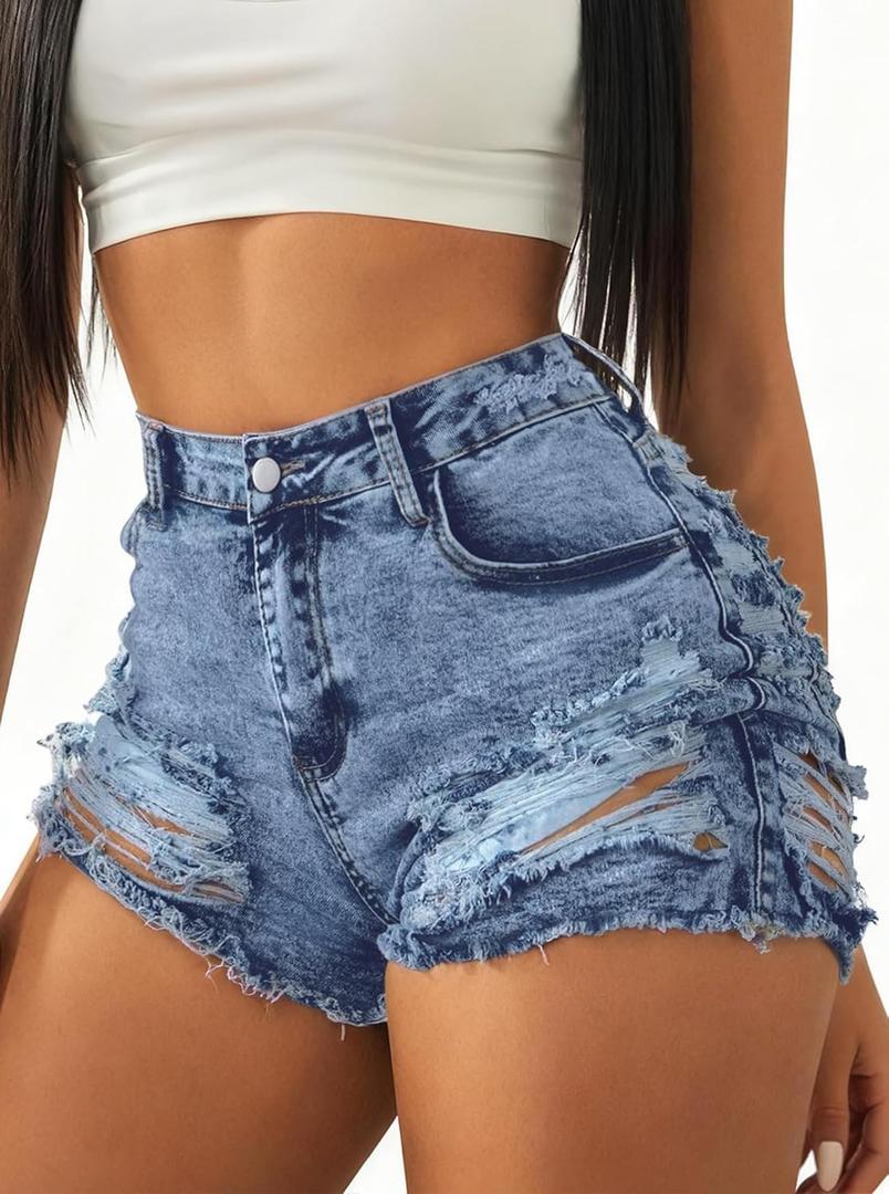 LovelyWholesale Womens Sexy Distressed Denim Shorts Summer High Waisted Ripped Jean Shorts D Blue Large