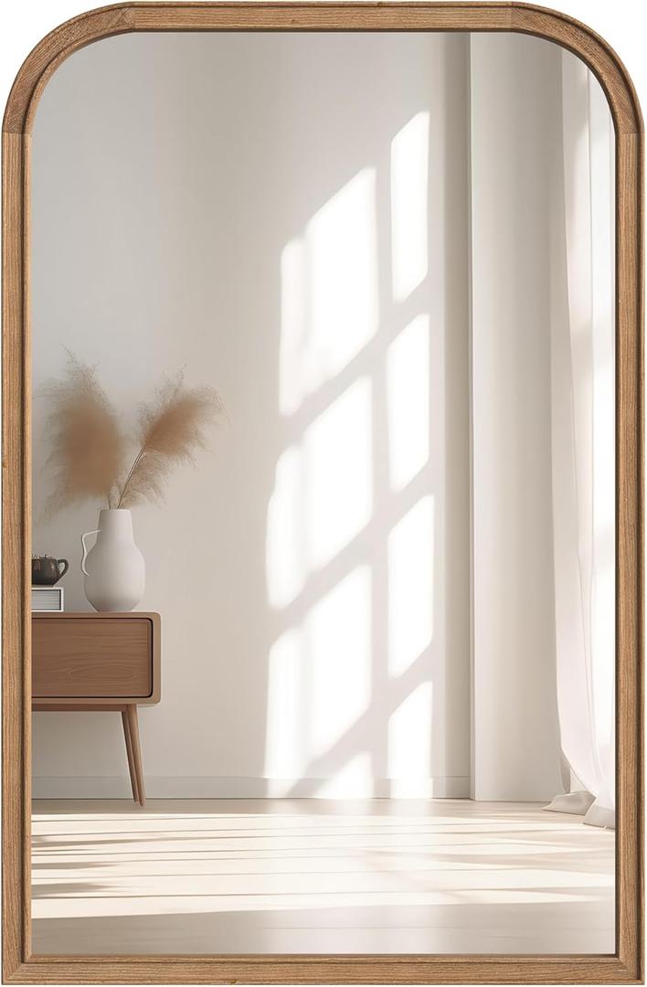 24"x36" Solid Wood Bathroom Mirror Tempered Glass for Wall Mounted, Rustic Wood Frame Wall Mirror Decorative for Bedroom Living Room Vanity Mirror Entryway Mirror, Brown (36"L x 24"W)