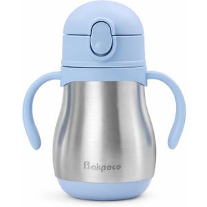 Bakpoco Stainless Steel Straw Sippy Cup for Toddlers 1-3 Years Old, Insulated Toddler Water Bottle Baby Training Tumbler with Handles, 8oz Kids Straw Cups for Travel, Daycare & At Home, Blue