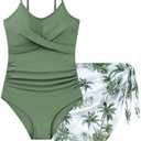 Idgreatim Teen Girls One Piece Swimsuit with Cover Up Bathing Suit Set Size 9-16 (9-10 Years, Black Leaves)