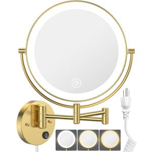 Benbilry 9" Large Wall Mounted Lighted Makeup Mirror, 1X/10X Magnifying 2-Sided AC Plug-in Powered Bathroom Mirror with 3 Color Lights, Touch Dimmable, Extended Arm 360 Rotation, Gold