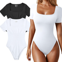 OQQ Women's 2 Piece Bodysuits Sexy Ribbed One Piece Square Neck Short Sleeve Bodysuits, Size M