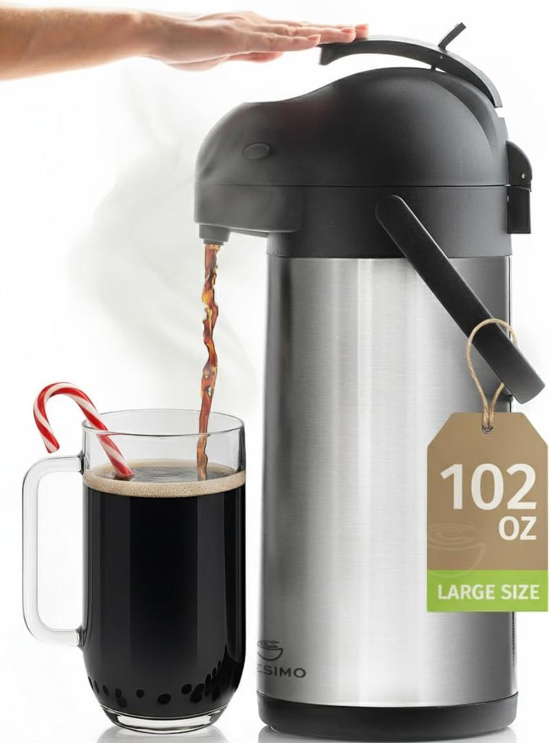 Cresimo Coffee Carafe with Pump - 102oz / 3L Airpot 12 Hours Large Hot Water Carafe, Cocoa Dispenser for Parties - Tea Flask, Insulated Stainless Steel Airports for Hot Beverage Dispenser -Coffee Pump (Silver)