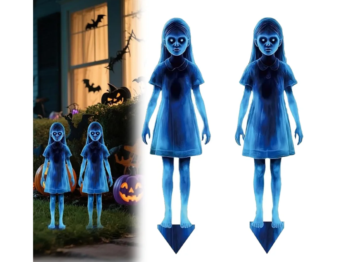 Halloween Ghost Twins Yard Signs - 2 Pack 16" Scary Outdoor Decor for Lawn & Garden, Waterproof Iron Stake Decorations for Courtyard & Home