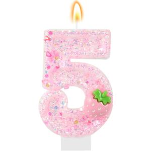 Pink Number 5 Candles Strawberry Birthday Candle 5th Birthday Cake Topper Cupcake Decorations for Girls and Women Strawberry Party Decor Anniversary Celebrations Supplies Favors