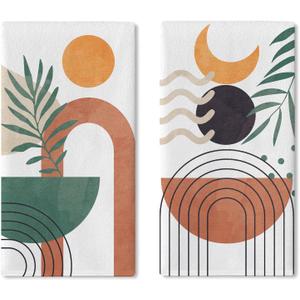 Boho Geometric Abstract Kitchen Dish Towels Set of 2, Modern Art Sun Moon Rainbow Semicircle Arch Drying Hand Towel Baking Cooking Cloth, Minimalist Palm Leaves Bathroom Home Decor 18'' x 26''
