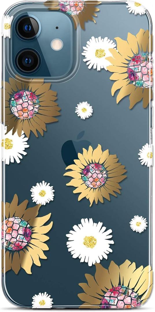BAISRKE iPhone 12 Mini Case,with Flowers,for Girly Women,Shockproof Clear Floral Pattern Hard Back Cover for Phone 5.4 inch 2020 - Yellow Sunflower