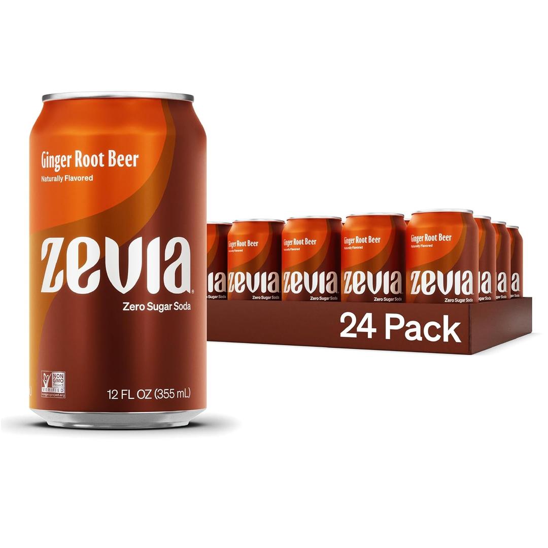 Zevia Zero Sugar Soda, Ginger Root Beer, 12 oz Cans (24-Pack)  Naturally Sweetened, Zero Calorie Sugar Free Soda - Non-GMO Project Verified, Gluten-Free, Vegan