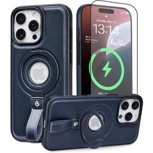 BUTAIGA for iPhone 15 Pro Leather Case with Stand, Anti-Slip Grip Ring, Fits for MagSafe (Blue, IP 15 Pro-6.1 inch)