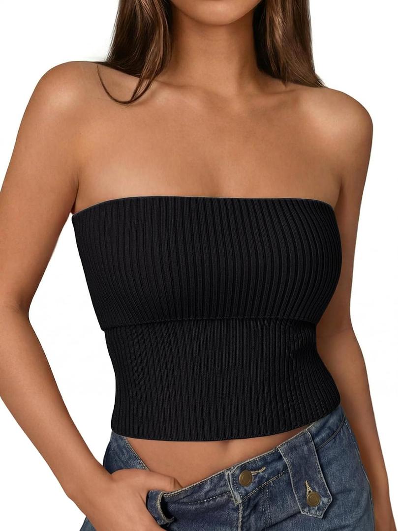 LILLUSORY Women’s 2026 Summer Strapless Tube Tops Y2K Stretchy Bandeau Crop Clothes for Beach Vacation and Going Out (Black, S)