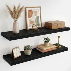 36 Inch Black Floating Shelves for Wall,9.3" Deep Long Floating Shelf Set of 2,Wood Wall Mounted Shelves Farmhouse Home Decor,Wall Storage Shelf for Bathroom Bedroom Living Room Kitchen Office,Black