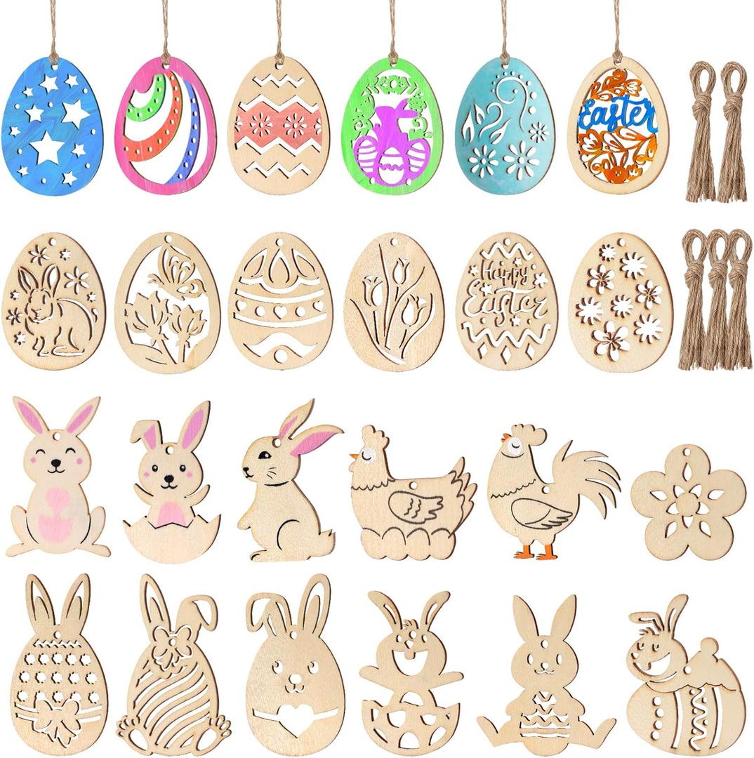 Toyvian Easter Wooden Cutouts Ornaments, 48Pcs Blank Unfinished Wood Hanging Tags with Markers for DIY Craft Springtime Flower Butterfly Crafting Supplies for Birthday Party Holiday