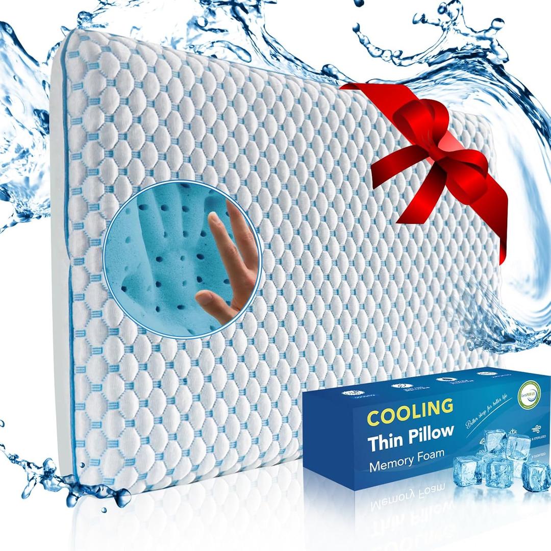 Flat Pillow for Stomach and Back Sleepers, Ultra Thin Pillow for Sleeping, Cooling Gel Slim Stomach Sleeping Pillows for Shoulder Neck Pain Relief, Low Profile Memory Foam Pillows 2.75-inches (Blue&white)