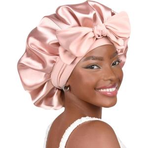 YANIBEST Silk Bonnet for Sleeping Women Satin Bonnet Double Layer Satin Lined Hair Bonnet with Tie Band Curly Hair (Large, Blush Pink)