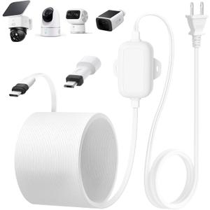 25ft Power Adapter for eufy Security SoloCam E30/S340/S220, C210, One-Piece Molding Charing Cable for eufyCam 3/S330, 3C/S300 with Extra Micro USB Adapter, Flat Power Cord for eufy Outdoor Use, IP67