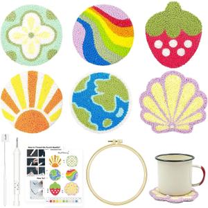 HAND U JOURNEY Craft Punch Needle Coasters Kit - 6 Patterns with Adhesive Felt, Yarns, Embroidery Hoop - Perfect for Adults, Beginners, and Starter with Instructions