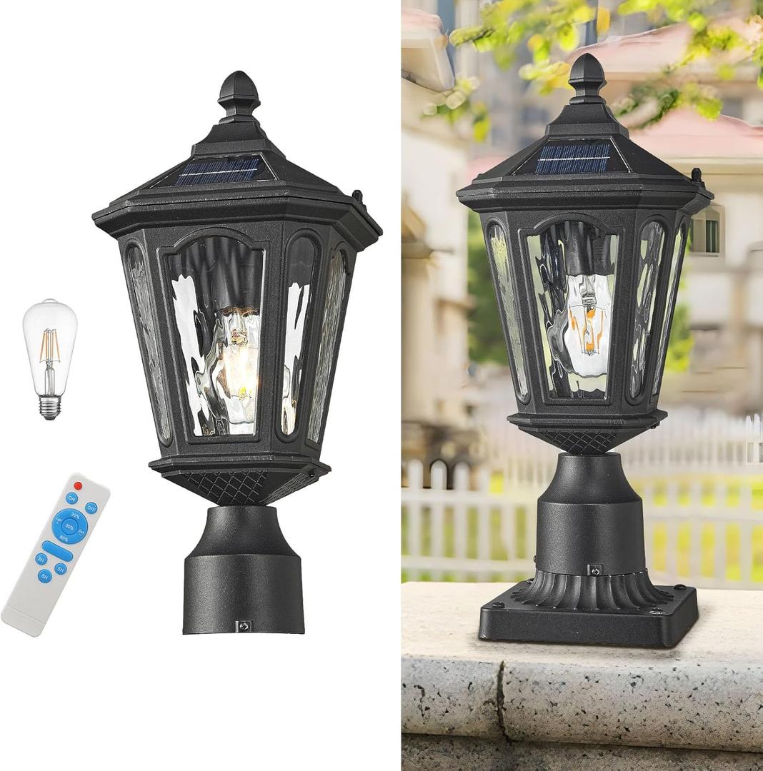 18.5" Black Solar Powered Outdoor Post Light Fixture with Remote Control, Dusk to Dawn LED Pole Lamp Waterproof Exterior Pillar Lantern Post Lighting for Pathway Garden Patio Gargae
