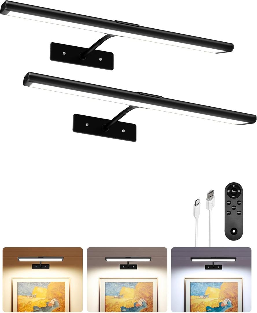 EZVALO Picture Light for Wall, 13'' Black Rechargeable 4800mAh Battery Lights Wireless IR Remote, Magnetic LED Art Painting Light with 3 Color Temperatures, Display for Gallery, Living Room (2P)