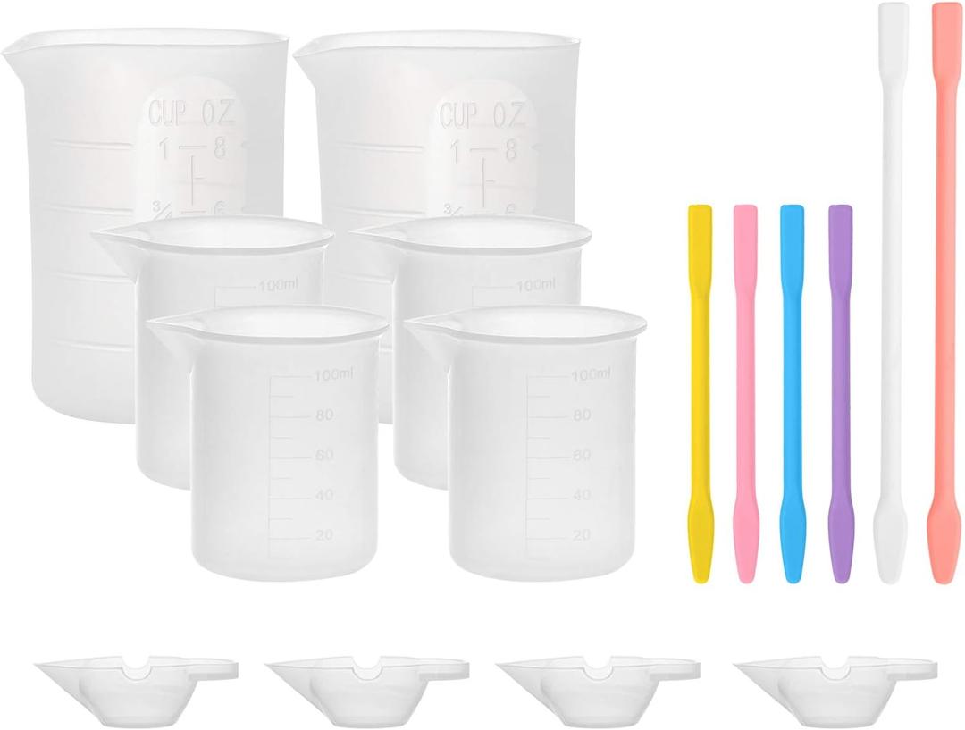 Gartful 16PCS Silicone Measuring Cups Set, Resin Casting DIY Tool Kit, 2PCS 250ml Large Pouring Cups, 4PCS 100ml Reusable Measurements Cups, 4PCS Mixing Cups, 2PCS Large and 4PCS Smaller Stir Stick