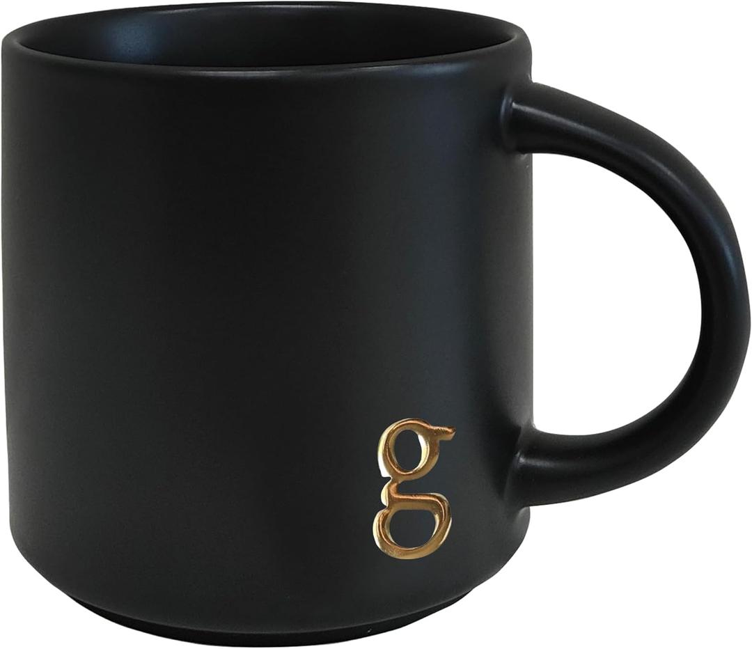 COLLECTIVE HOME - Black Monogram Ceramic Mugs, 15 oz Golden Initial Coffee Cups, Elegant Alphabet Tea Mugs, Personalized Halloween Mug with Gift Box, Perfect for Office and Home Dcor (g)