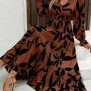 Fall Wedding Guest Cocktail Brown Floral Boho Maxi Dress for Women (Brown, XL)