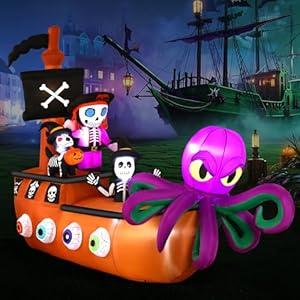 Alupssuc 10FT Halloween Inflatable Pirate Ship outdoor Decoration with Built-in LEDs Lights, Blow Up Boat with Octopus and Pirate Skeleton for Outside/ Indoor Xmas, Yard, Garden, Lawn, Party, Holiday Decor