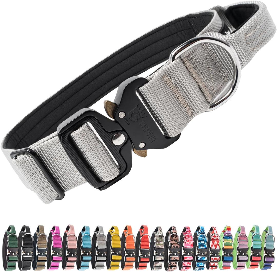 TSPRO Premium Dog Collars Tactical Dog Collar with Handle and Heavy Duty Quick-Release Metal Buckle Durable Thick and Adjustable for Medium to Large Dogs Handle-Equipped L (17.5"-24.5" Adjustable), Basic Silver