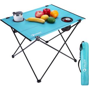 VILLEY Folding Camping Table with 2 Cup Holders & Carry Bag, Lightweight Portable Beach Table for Camping, Beach, Fishing, Travel, Outdoor Activities(Large)