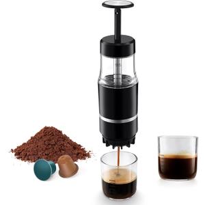 Portable Coffee Maker for Travel & Camping, Travel Lightweight Coffee Machines, Manually Operated, Compatible with Ground Coffee & NS Capsule Black