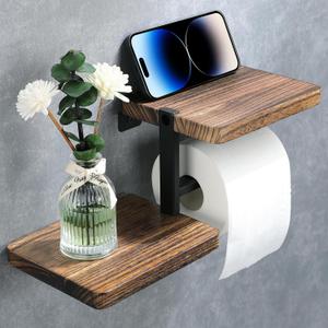 Wall Mounted Wood Toilet Paper Holder - Bathroom Tissue Holder Toilet Roll Holder Wooden Wall Mount Toilet Paper Holder with Shelf (Vintage Brown)