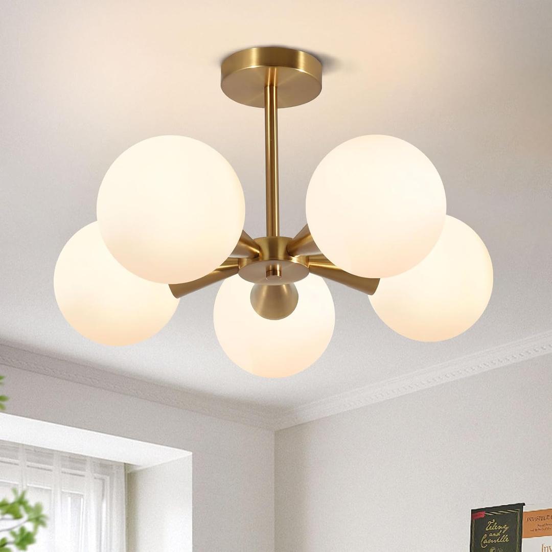 Bektas 5-Lights Semi Flush Mount Ceiling Light Fixture Brushed Gold Light Fixture Straight Bar Modeling with Milk Glass Globe for Bedroom,Living Room, Dinning Room Foyer Hallway