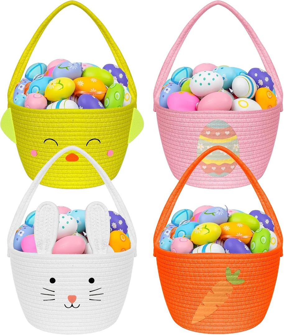 4 Pcs Easter Woven Basket Empty for Gifts Small Bunny Woven Cotton Rope Baskets with Handle Easter Egg Hunt Buckets Bags for Girls Baby Shower Candy Egg Storage Easter Party Decoration Basket Gifts
