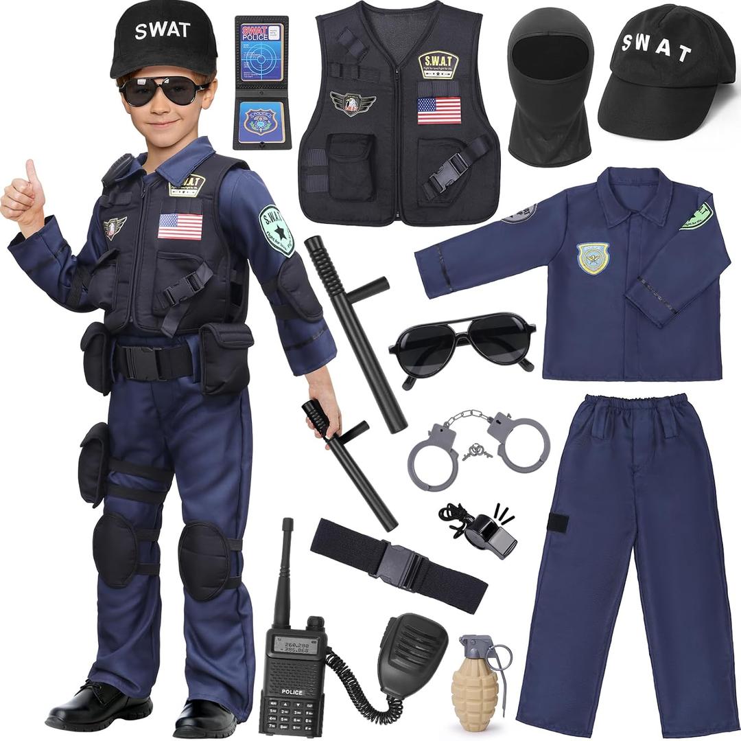 Latocos 15 PCS SWAT Police Officer Costume for Kids with Vest Accessories Cop Dress Up Role Play Set for Halloween Cosplay