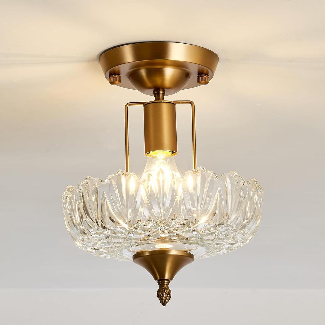 UOFUS Vintage Gold Semi Flush Mount Ceiling Light Fixture with Clear Glass Shade Antique Brass Small Chandelier Flower Close to Ceiling Light for Hallway Entryway Bedroom Porch Foyer Corridor Kitchen