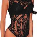 Lrady Women's Sheer Mesh Turtleneck Neck See Through Leotard Bodysuit Body Tops (Medium, Black-12)