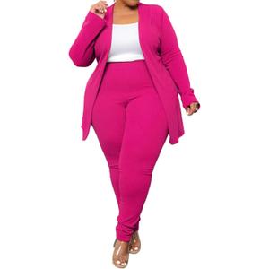 IyMoo Women's Plus Size Fashion Two Piece Outfit Long Sleeve Casual Blazers with Pants Sets Suiting Rose Red 3X