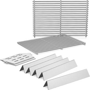QuliMetal 304 Stainless Steel 7524 Grill Grates & 7621 Flavorizer Bars, 65505 Heat Deflectors for Weber Genesis 300 Series with Front Control Knob, Replacement for Genesis E310 S310 E/S320 E/S330