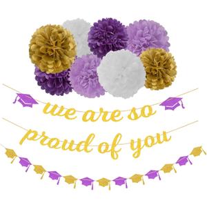 Purple White-Gold Party-Decoration Graduation Banner - 8pcs Kits Cap Garland Streamers, Paper Tissue Pom Poms Flowers,We are So Proud of You Congratulations Grad 2024 Decor Lasting Surprise
