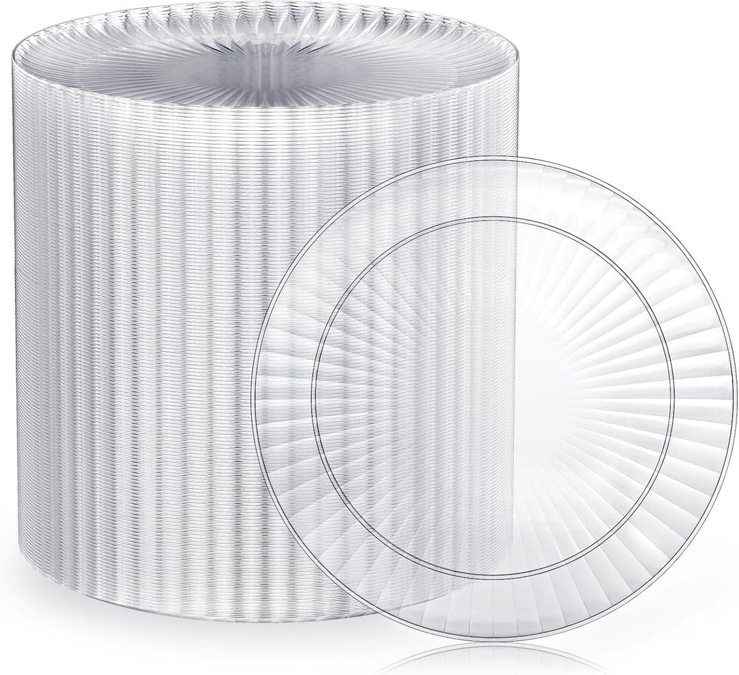 FOCUSLINE 100 Count Clear Plastic Plates 7 Inch, Disposable Heavy Duty Salad Dessert Plates- Premium Hard Plastic Plate Fancy Disposable Clear Plate for Weddings, Parties and Events