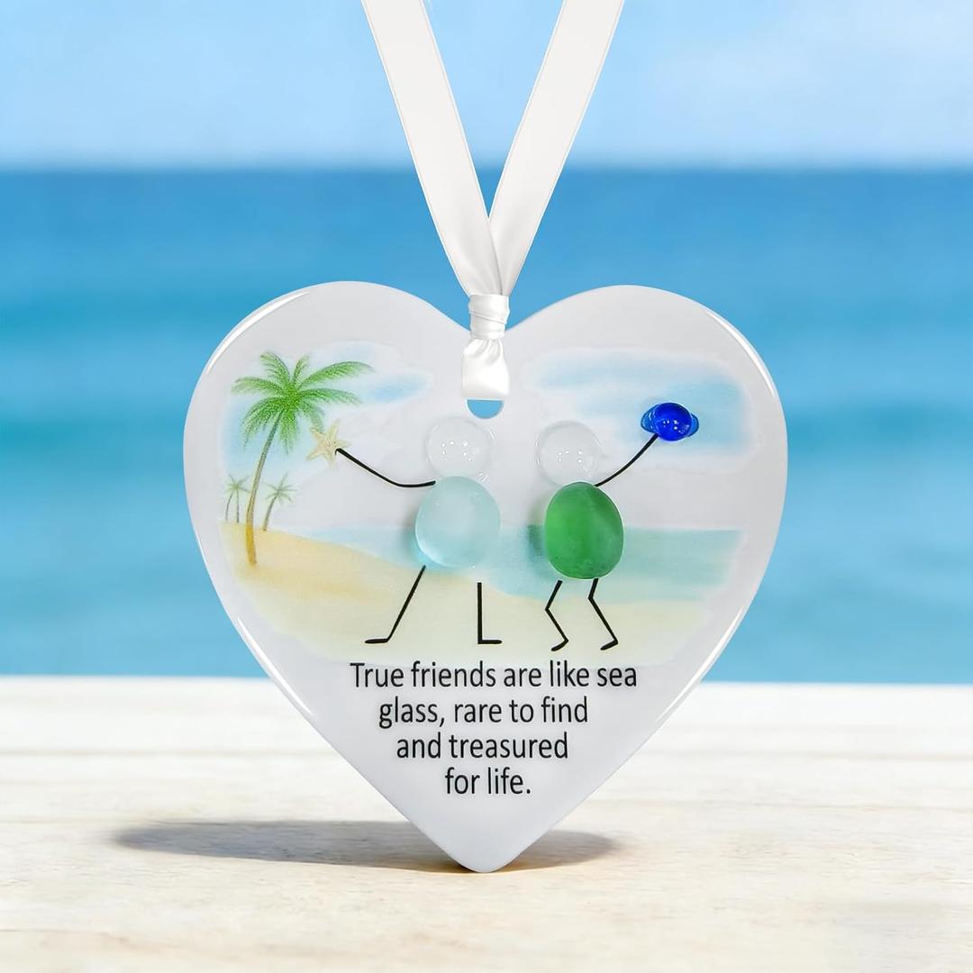 Heart-Shaped Sea Glass Art Friendship Ornament Decor,Ceramic Keepsake Pendant Graduation Birthday Gifts for Friends Women Coworker Sisters (1)