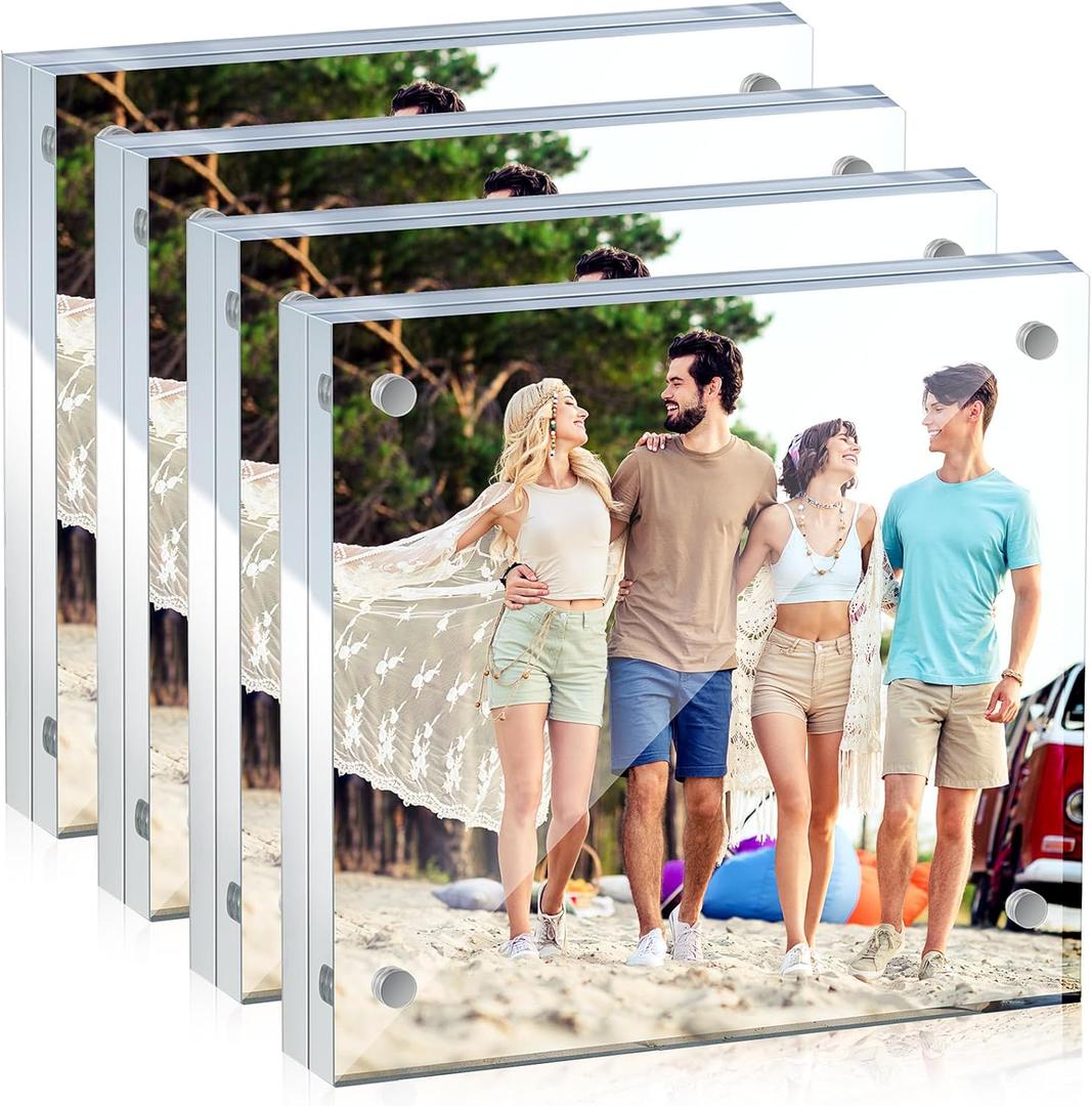4 Pcs Clear Acrylic Picture Frames Magnetic Acrylic Photo Frame Thick Desktop Display Double Sided Freestanding Floating for Bedroom Living Room Home Office Store Supplies (4 x 4 Inch)