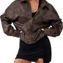 Milumia Women's Faux Leather Bomber Jacket Zip Up Collared Long Sleeve Oversized Coats (S)