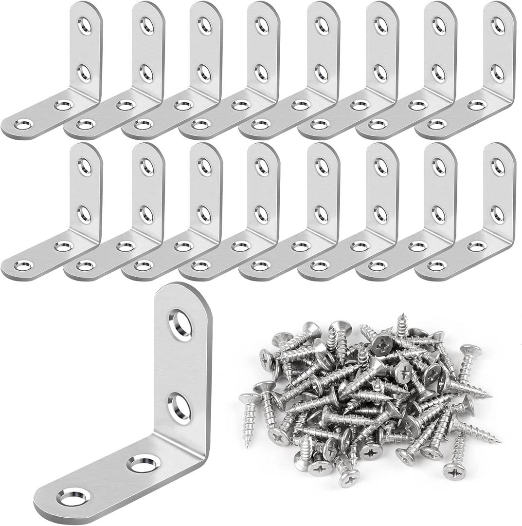 16 Pcs L Bracket Stainless Steel Corner Brace Sets, 90 Degree Right Angle Brackets with 64 Pcs Screws, L Bracket Firmware for Wooden Shelves, Chairs, Tables, Dressers, Furniture (Silver)
