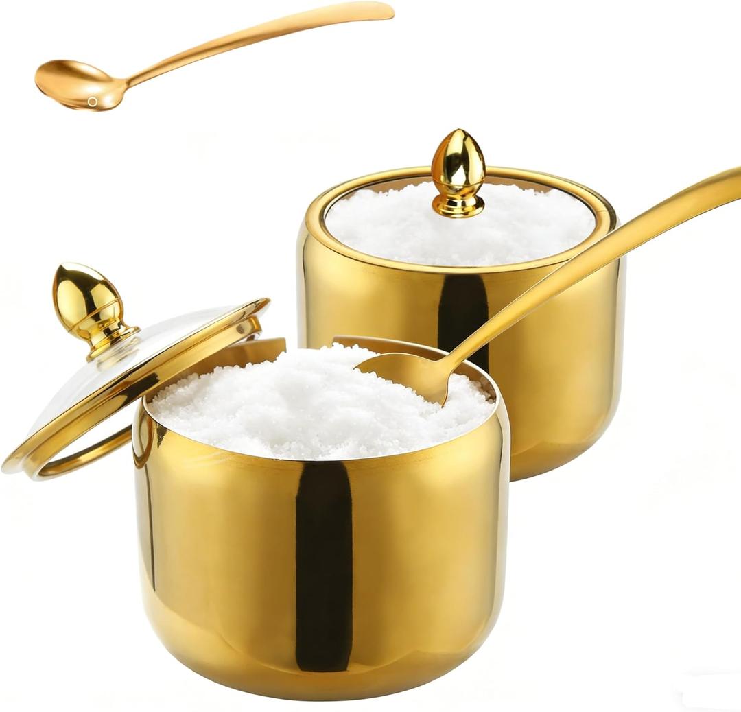 10oz Sugar Bowl 2-Pack with Lid|Gold coffee bar sugar container, includes 2 stainless steel canisters with clear lids. This perfect for kitchen countertop, seasoning storage, and stylish home decor.