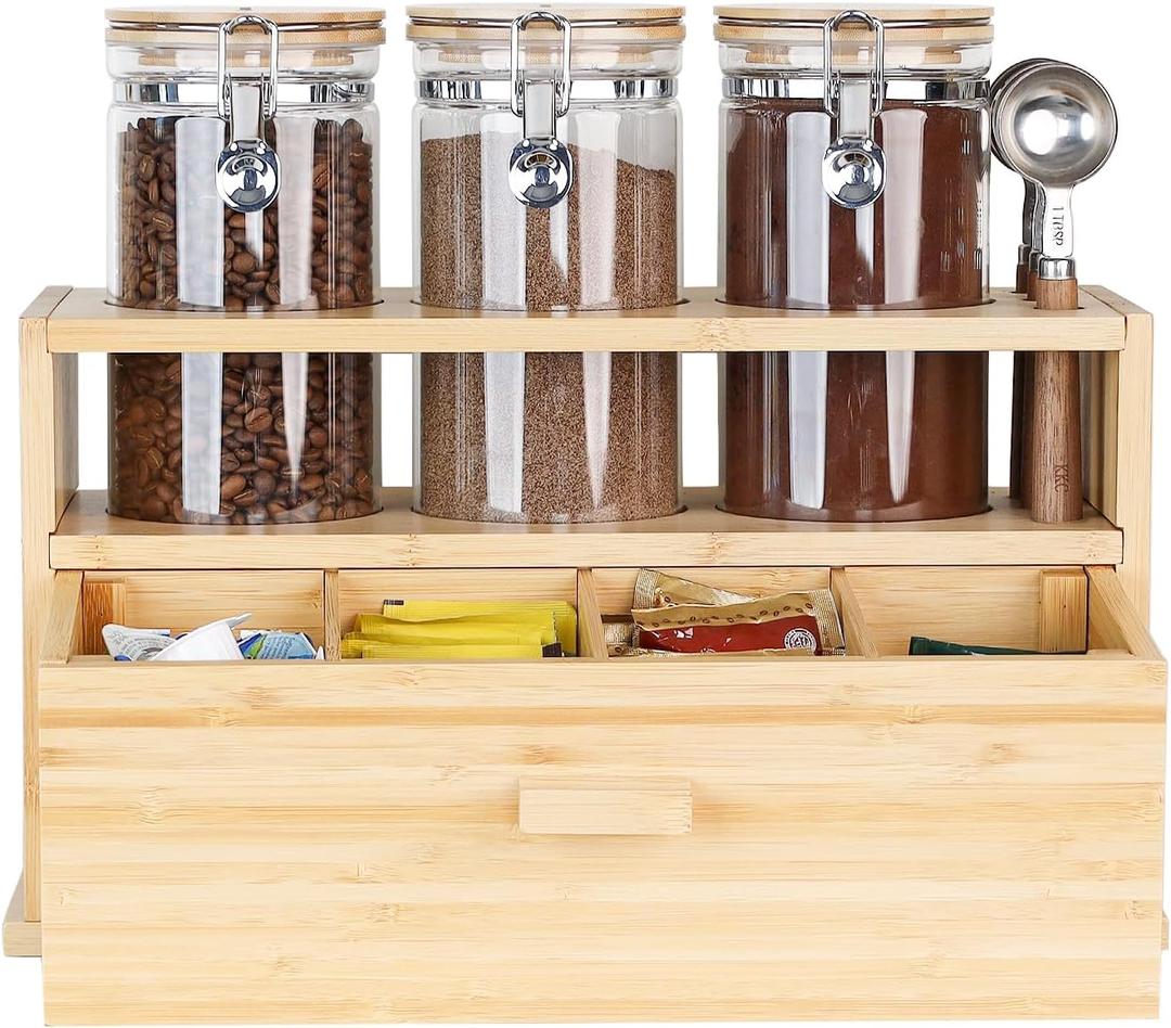 KKC HOME ACCENTS Coffee Tea Bar Station Organizer with Airtight Glass Canisters for Countertop,Bamboo Coffee Bar Organization with Sealed Containers for Coffee Beans and Pods,Loose Tea,Tea Bag,Style A KKC HOME ACCENTS Coffee Tea Bar Station Organizer with Airtight Glass Canisters for Countertop,Bamboo Coffee Bar Organization with Sealed Containers for Coffee Beans and Pods,Loose Tea,Tea Bag,Style A