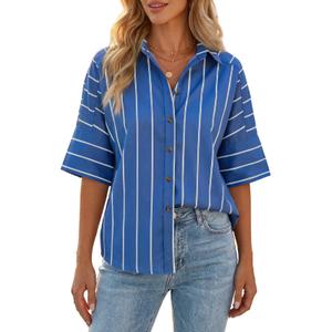 Cicy Bell Women Striped Button Down Shirt Short Sleeve Collared Blouse Tops (Blue)